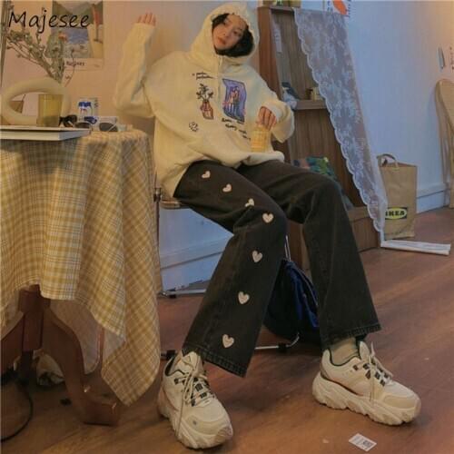 Jeans Women Spring Love Pattern Embroidery Cute Wide-leg High Waist Kawaii Students Streetwear Retro Full Length Ulzzang Chic