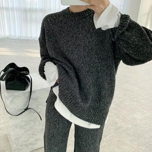 Womens Chic Autumn Winter Knitting Suits Casual Streetwear Split Long Sleeve Pullovers Sweater + Slim Wide Leg Knitted Pants