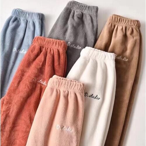 Women Plus Size Cozy Sleep Pants Winter Fleece Sleepwear Long Pants European And American Solid Color Warm Home Style Nightwear