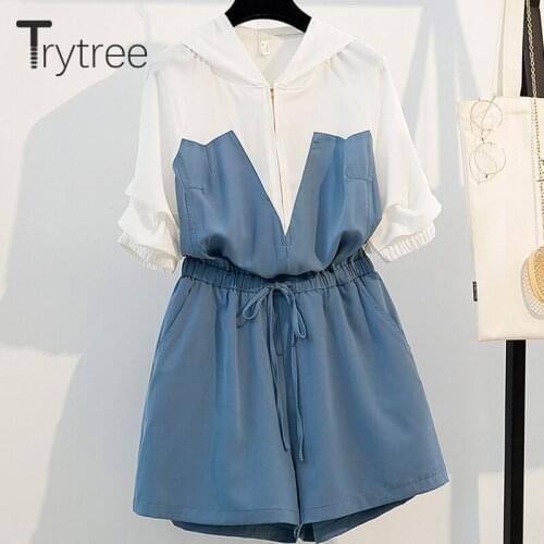 Trytree 2020 Summer Women Two Piece Set Casual Hooded Patchwork Zipper Tops + Short Elastic Waist Drawstring Loose 2 Piece Set
