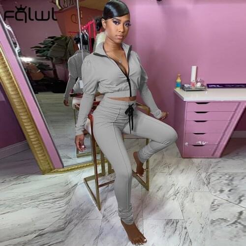 FQLWL Streetwear Puff Sleeve Crop Top Jackets Female Stacked pants Sweat Suit Matching Tracksuit 2 Two Piece Sets Women Outfits