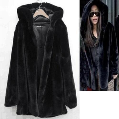 B Winter Autumn Women Hooded Faux Fur Coat Fashion Warm Long-sleeved Loose Black Coat Female Flocking Cotton Jacket Coat