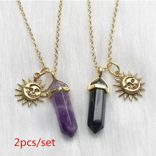 2PCS Natural Stone Hexagonal Cylindrical Crystal Pendant Necklace, Sun Charm Best Friend Jewelry Gifts for Women