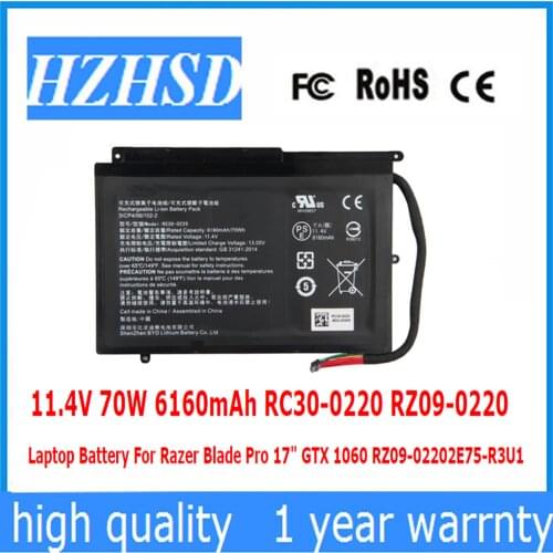 11.4V 70W 6160mAh RC30-0220 RZ09-0220 Laptop Battery For Razer Blade Pro 17" GTX 1060 RZ09-02202E75-R3U1
