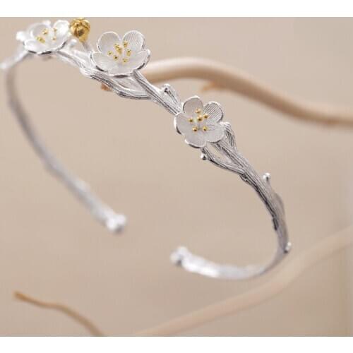 Pure Silver Bracelets & Bangles For Women Personality Flowers Cuff Bangle Wristband Pulsera Femme Fashion Jewelry Accesories