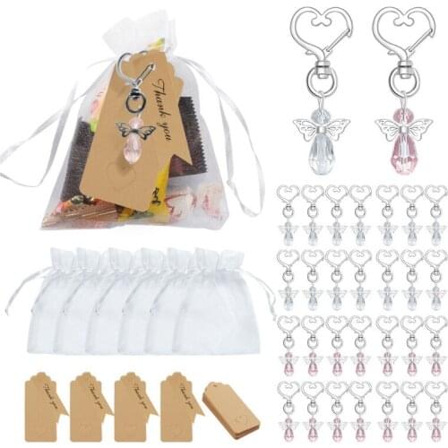 30 Sets Mini Angel Crystal Pendant Key Chain with Organza Bags Blank Tag Decor