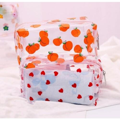 PVC Peach Flowers Pattern Pencil Case Transparent Fruit Pens Bag Stationery Pouch School Supplies