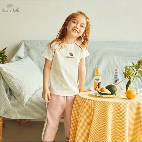 DKY17409 dave bella summer 5Y-13Y kids girls clothes children cartoon embroidery T-shirt girls high quality fashion tees