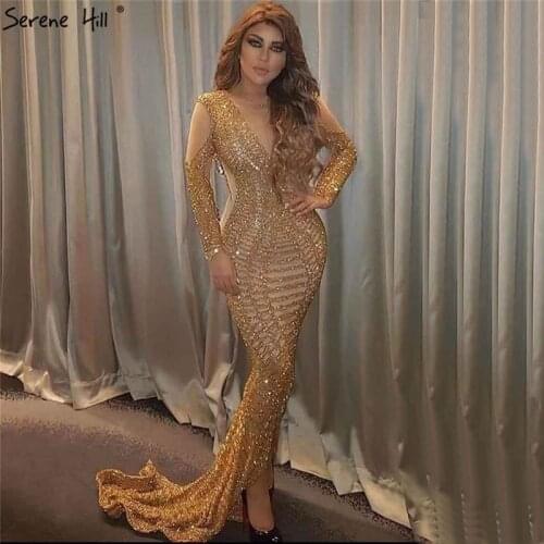 Dubai Gold V-Neck Sexy Mermaid Evening Dresses 2020 Sequins Beading Long Sleeves Luxury Formal Dress Serene Hill LA70320