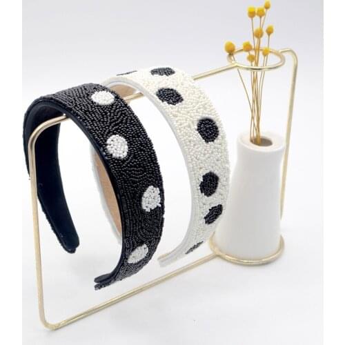 European American Luxury Handmade Beaded Hand-sewn Black White Korean Baroque Headband Rhinestones Wide-brimmed Hairband