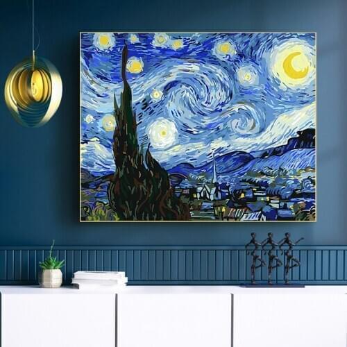 Paints by mumber Van Gogh star night star moon oil painting modern decoration painting living room bedroom painting wall