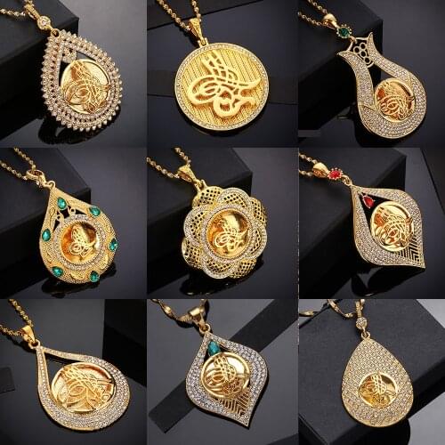 Crystal Muslim Islam Coin Necklace Women/Men Gold Color Turkey Wedding Jewelry Turkish Coin Lucky Allah Pendant Never Faded