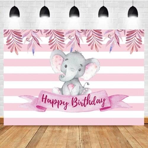 Laeacco Cartoon Elephant Pink Stripes Birthday Portrait Photography Backdrop Photographic Photo Background For Photo Studio