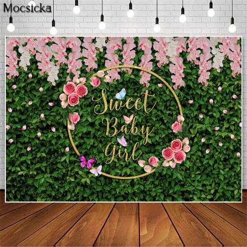 Sweet Baby Shower Birthday Party Photoshoot Backdrops Green Leaf Wallpaper Poster Decoration Pink Flower Photography Background