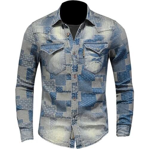 Long-sleeved lapel patch retro mens shirt denim literary personality plaid casual style long-sleeved slim jacket