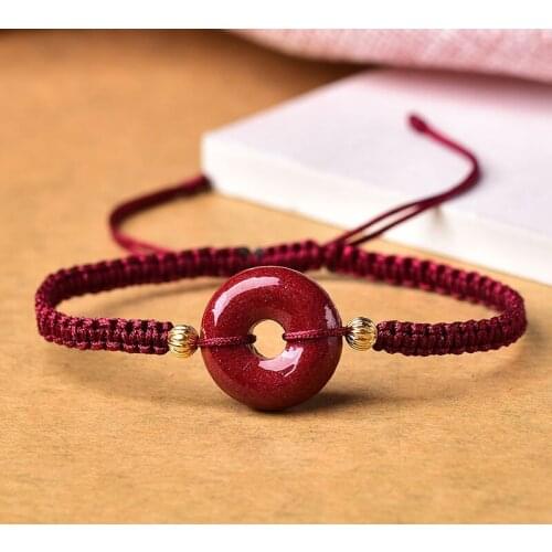 Natural Cinnabar Safety Button Handmade Tibetan Buddhist Braided Bracelets Knots Lucky Red Rope Bangle Size Adjust Drop Shipping