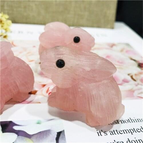 Natural rose crystal Hand Carved pink Rabbit Figurine Crystal Healing Crafts Home Decoration