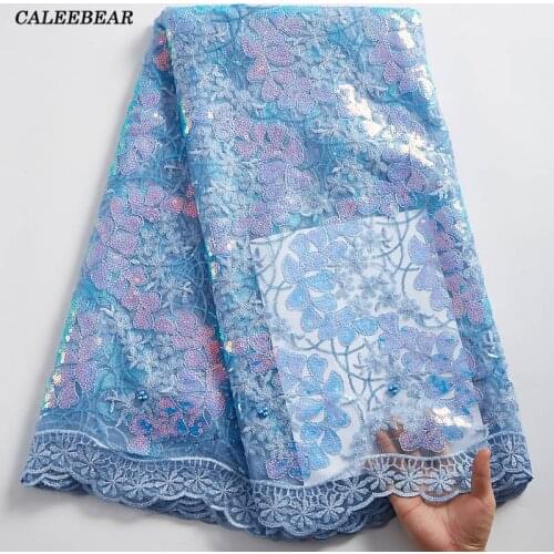 Sky Blue African Lace Fabric 5Yards High Quality Embroidery Sequin French Tulle Lace Nigerian Wedding Party Dress Material S2353