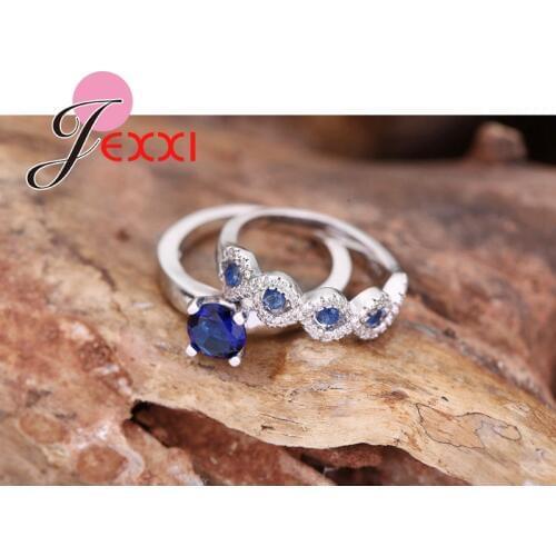 New Blue Cubic Zirconia Bridal Wedding Ring Sets For Women Fashion Bands 925 Sterling Silver Engagement Promise Ring Set