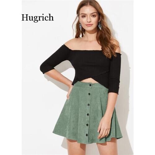 Solid Button Front Corduroy Casual Skirt Women Bottoms 2021 Autumn Streetwear High Waist Ladies Basic Short Flared Skirts