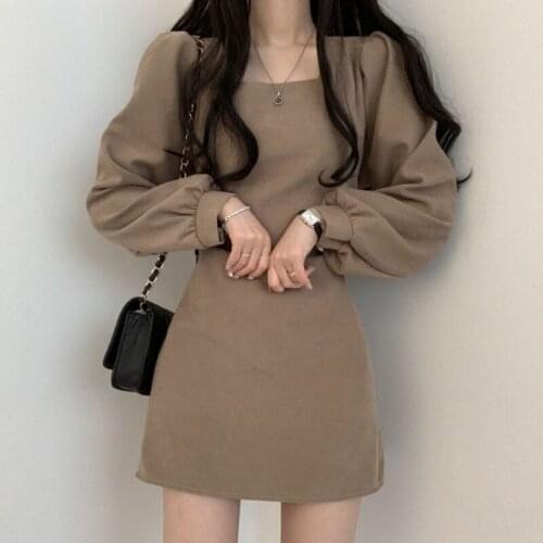 Square Collar Solid Spring Autumn Dress Women Long Sleeve Vintage Slim Mini Dress High Waist Short Casual Korean Party Dress