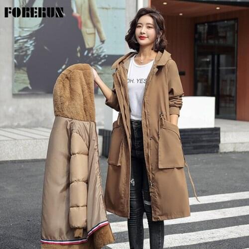 FORERUN Winter Long Parka Removal Liner Two Piece Big Fur Hooded Cotton Padding Warm Women Elegant Tretch Coat -35centigrade