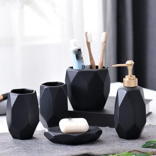 Simple Black Bathroom 5/sets of Shower Gel Hand Soap Facial Cleanser Dispenser Soap Dish Mouthwash Cup Toothbrush Holder