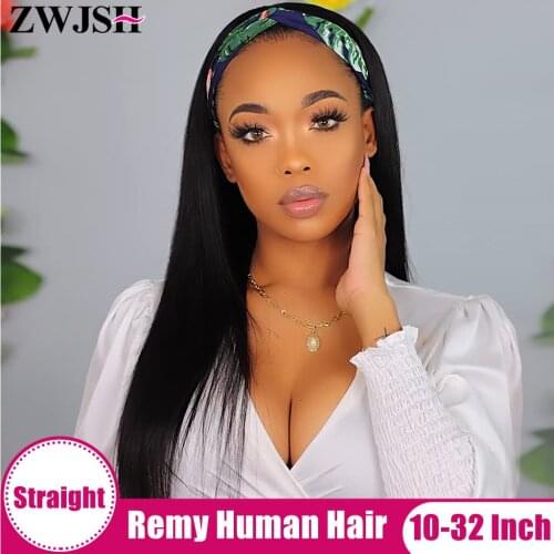 Zwjsh Brazilian Straight Headband Wig Remy Hair Full Machine Made Human Hair Wigs No Lace ,No Glue