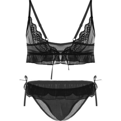 Mens Hot Sexy Lingerie Set Sissy Nightwear See Through Sheer Mesh Erotic Gay Underwear Male Crossdressing Lace Bra with Panties