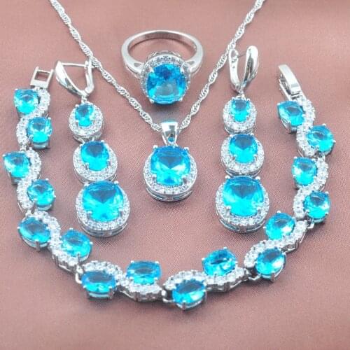 Sky Blue Cubic Zirconia Wedding Jewelry Set For Women Silver Color Earring And Necklace Sets With Rings Bracelet YZ0123