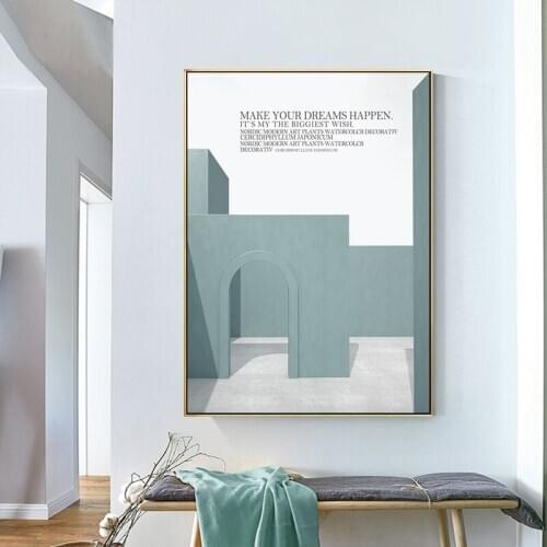 Fresh Cartoon style Green building yellow window white doo Wall Art decorative Picture Canvas Painting for hotel room Café Decor