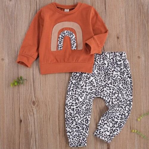 Spring Autumn Baby Girl Fall Shirt, Pants Suit, Rainbow Printed Round Neck Long Sleeve Top, Girl Loose Jogger Leopard Trousers