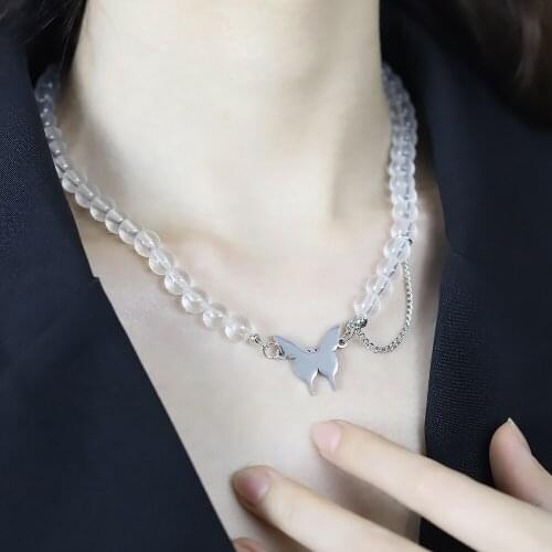Vintage Beads Transparent Butterfly Pendant Necklace for Women Bling Chain Choker Necklace Punk Jewelry Female Gift Gothic Style