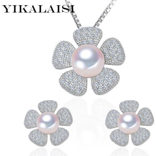 YIKALAISI 925 Sterling Silver Zircon Natural Freshwater Pearl Pendant Earrings Fashion Jewelry Set For Women 8-9-10mm pearl