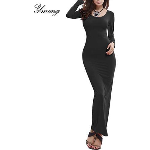 YMING Sexy Club Long Maxi Dress Women Long Sleeve Bodycon Dresses Robe Femme White Black Vestidos Party Dress Beach Sundress
