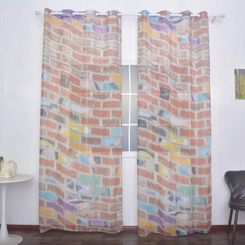 FMH Sheer Curtain Panels for Living room Bedroom French Window Faux Linen Drapery Tulle Printed Coloured Bricks Silver Grommts