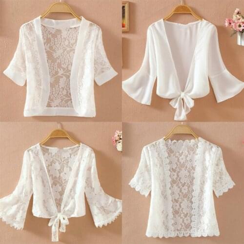 New 2021 Fashion Summer Thin Lace Shirt Womens Sunscreen Chiffon Blouse Short Sleeve Hollow Out Cardigan Tops