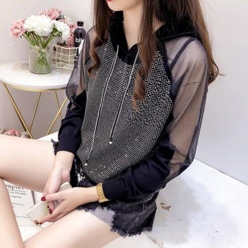 Autumn Long Sleeve Knitting Sweatshirt Women Streetwear Splice Mesh Diamond Hooded Shirt Fashion White Black Loose Pullover Tops