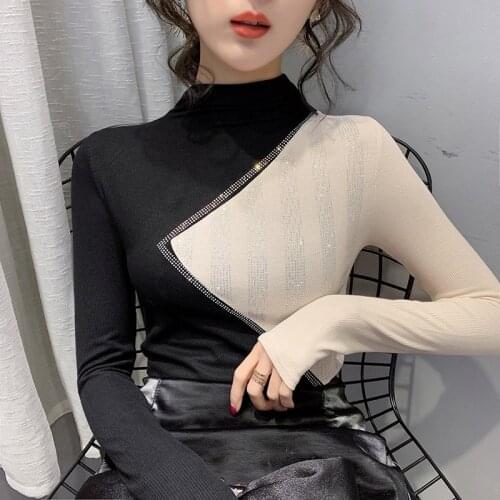 #5724 Spring Spliced Color Knitted Color Turtleneck T Shirt Women Long Sleeved Sexy Casual Stretch Tight Womens Tee Shirts Tide