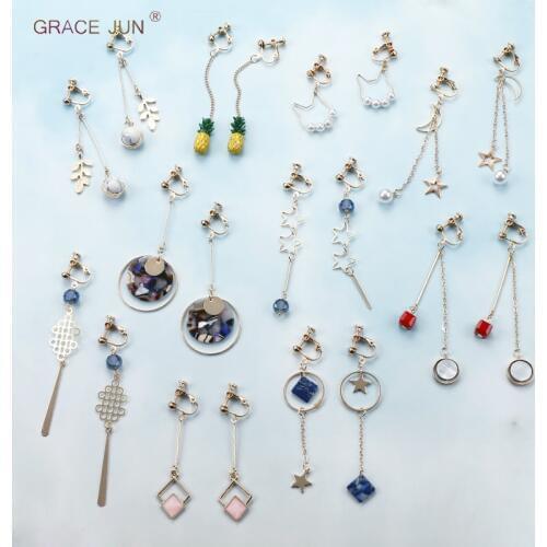 GRACE JUN High Quality Clip on Earrings No Pierced for Women Party Wedding Fashion Long Tassel Geometric Clip Earrings Wholesale