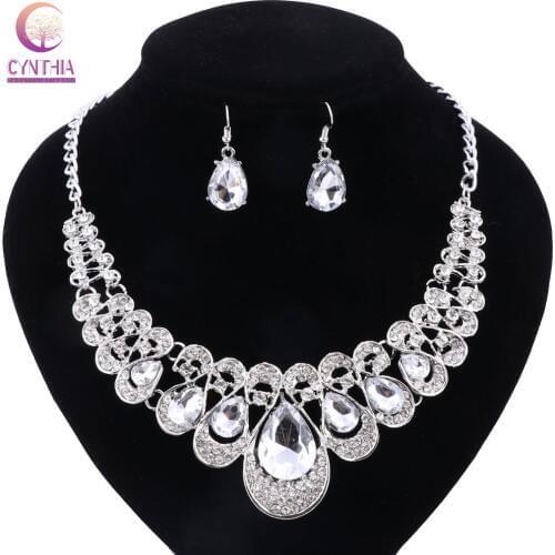 Woman Silver Color Necklace Crystal Earrings Wedding Beads Fashion Jewelry Sets Gift
