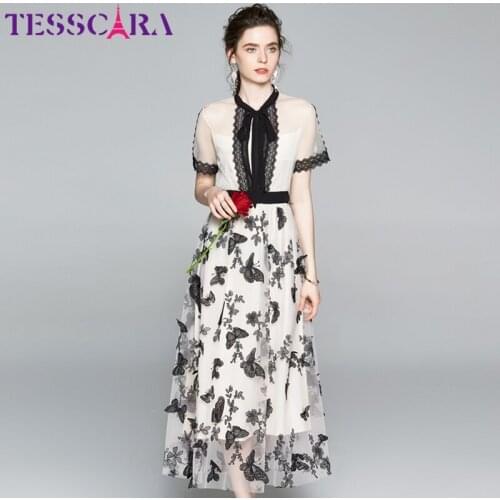 TESSCARA Women Luxury Butterfly Embroidery Mesh Dress Festa High Quality Elegant Party Robe Femme Vinatge Designer Lace Vestidos