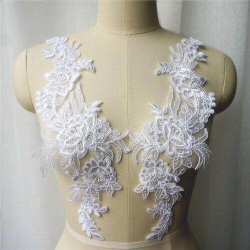 2PCS White Flower Lace Fabric Trims Collar Embroidered Wedding Gown Appliques Mesh Sew On Patches For Dress DIY Decoration