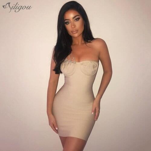 Ailigou 2021 New Ladies Sexy Fashion One Shoulder Crystal Diamond Black Mini Bandage Dress Celebrity Tight Party Dress Vestido