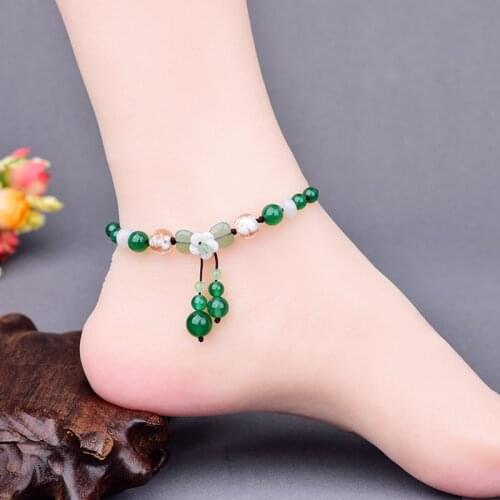 Natural Shell Flower Green Onyx Pendant Adjustable Size Anklets Fresh Summer Ocean Beach Holiday Tourism Jewelry Gifts