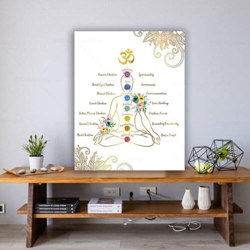 Chakras Meditation Decor Zen Buddhism Yoga Namaste Poster Print Gold White Lotus Flower Mandala Gift for Buddhist