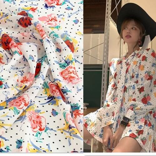 145cm*100cm designer fabric French romantic sweet polka dot rose pattern digital printing polyester chiffon fabric