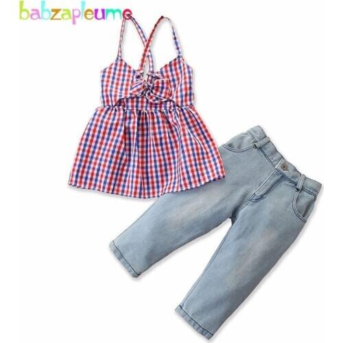 2Piece/2-6Years/Spring Summer Baby Girls Boutique Clothes Korean Fashion Plaid Sleeveless T-shit+Jeans Toddler Outfits BC1264