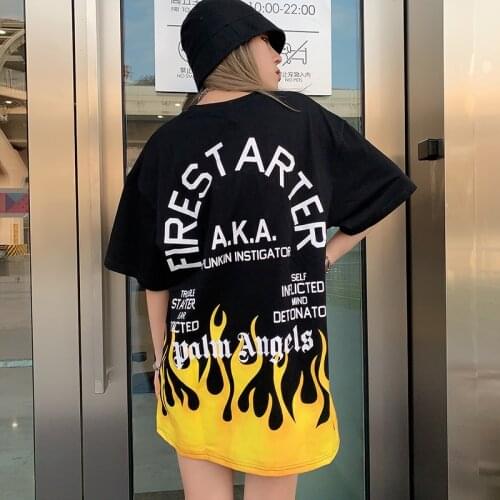 Palm Angels flame letter printed short-sleeved T-shirt men women high street loose tide brand