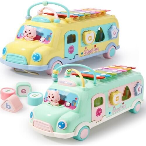 5 in 1 Kids Music Bus Toys Multifunctional Early Educational Car Toy Xylophone Beads Blocks Sorting Montessori Game Toys Gift